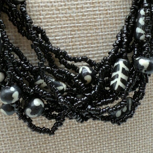 Vintage Multi-Strand Black Seed Beaded Necklace With Tribal Patterned Beads - Picture 3 of 9